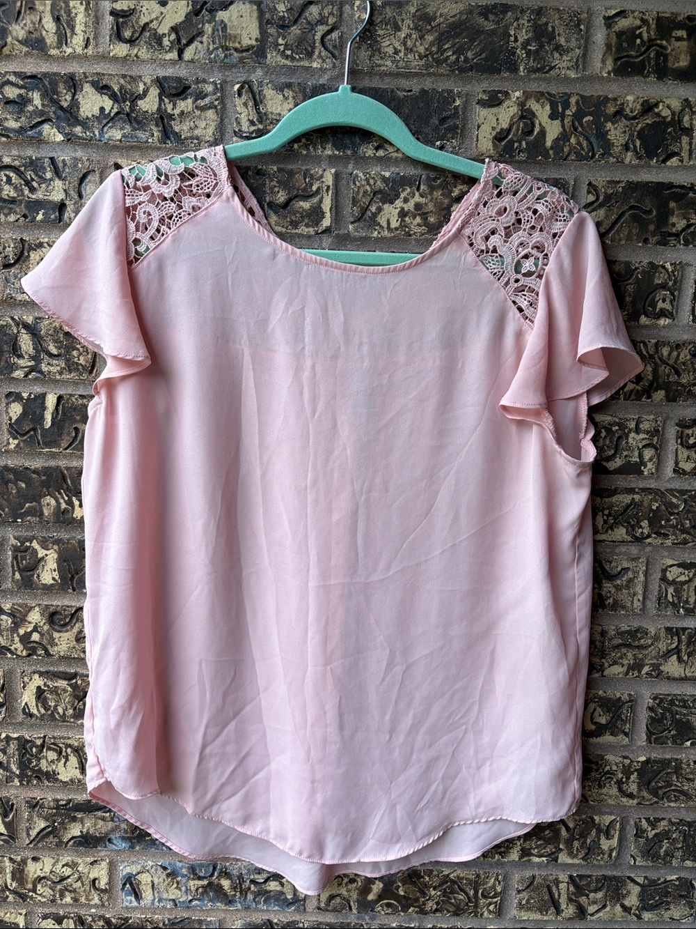 Massini Pink Flutter Sleeve Lace Crochet Yoke Blouse Top, Medium
